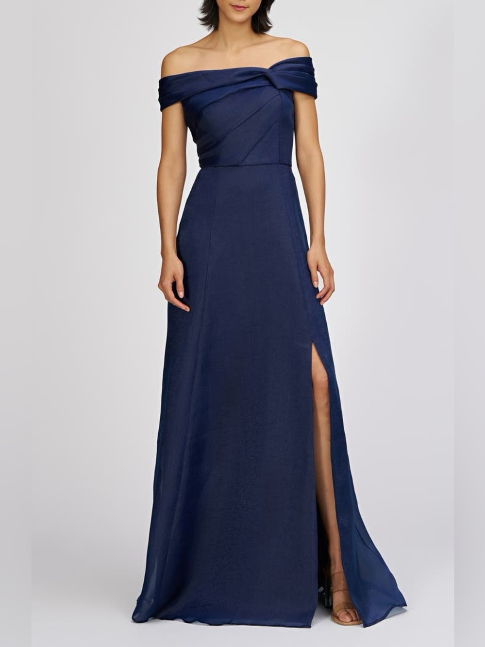 NWT JS Collections Women’s Isadora Off the Shoulder Organza Gown, Elegant Navy